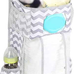 Hanging Diaper Caddy Organizer Baby Hanging Diaper Stacker with Wipes Pocket Baby Essentials Storage Diaper Stacker for Changing Table Crib Playard