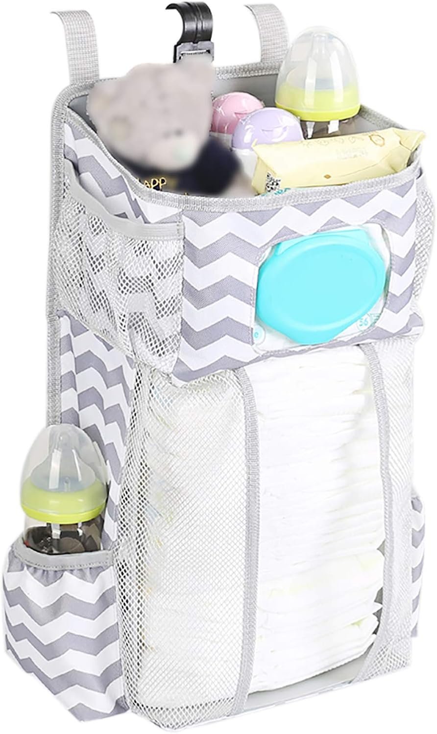 Hanging Diaper Caddy Organizer Baby Hanging Diaper Stacker with Wipes Pocket Baby Essentials Storage Diaper Stacker for Changing Table Crib Playard