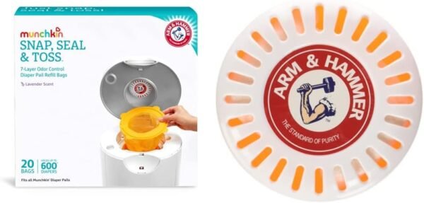 Munchkin Arm & Hammer Diaper Pail Snap, Seal and Toss Refill Bags (20 Bags) + Puck Diaper Pail Baking Soda Cartridge