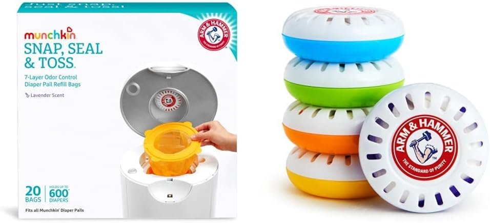 Munchkin Arm & Hammer Diaper Pail Snap, Seal and Toss Refill Bags (20 Bags) + Lavender Scented Nursery Fresheners (5-Count)