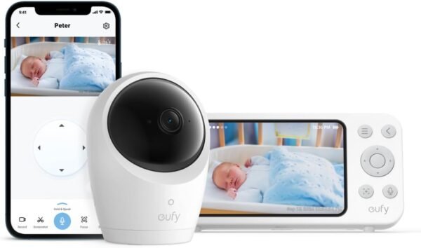 eufy Baby Monitor E20 with 2K Camera, Hybrid Wi-Fi and No Wi-Fi Connection, App and Monitor Control, Ultra-Clear Night View, Pan-Tilt, 4× Zoom, Portable Camera with Built-In Battery, ANR, Smart Alerts