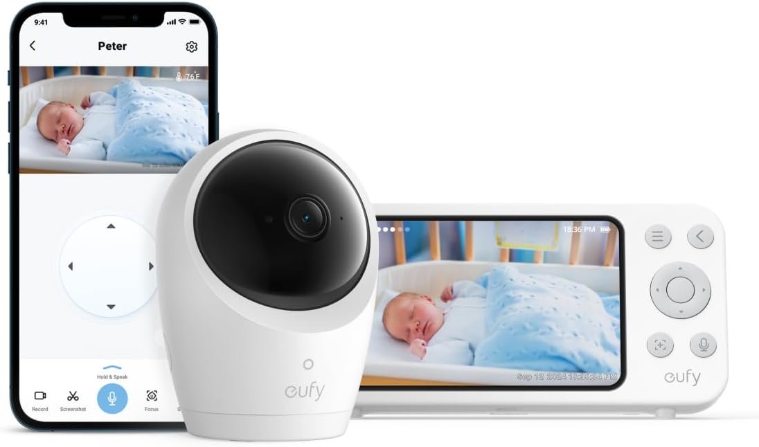 eufy Baby Monitor E20 with 2K Camera, Hybrid Wi-Fi and No Wi-Fi Connection, App and Monitor Control, Ultra-Clear Night View, Pan-Tilt, 4× Zoom, Portable Camera with Built-In Battery, ANR, Smart Alerts
