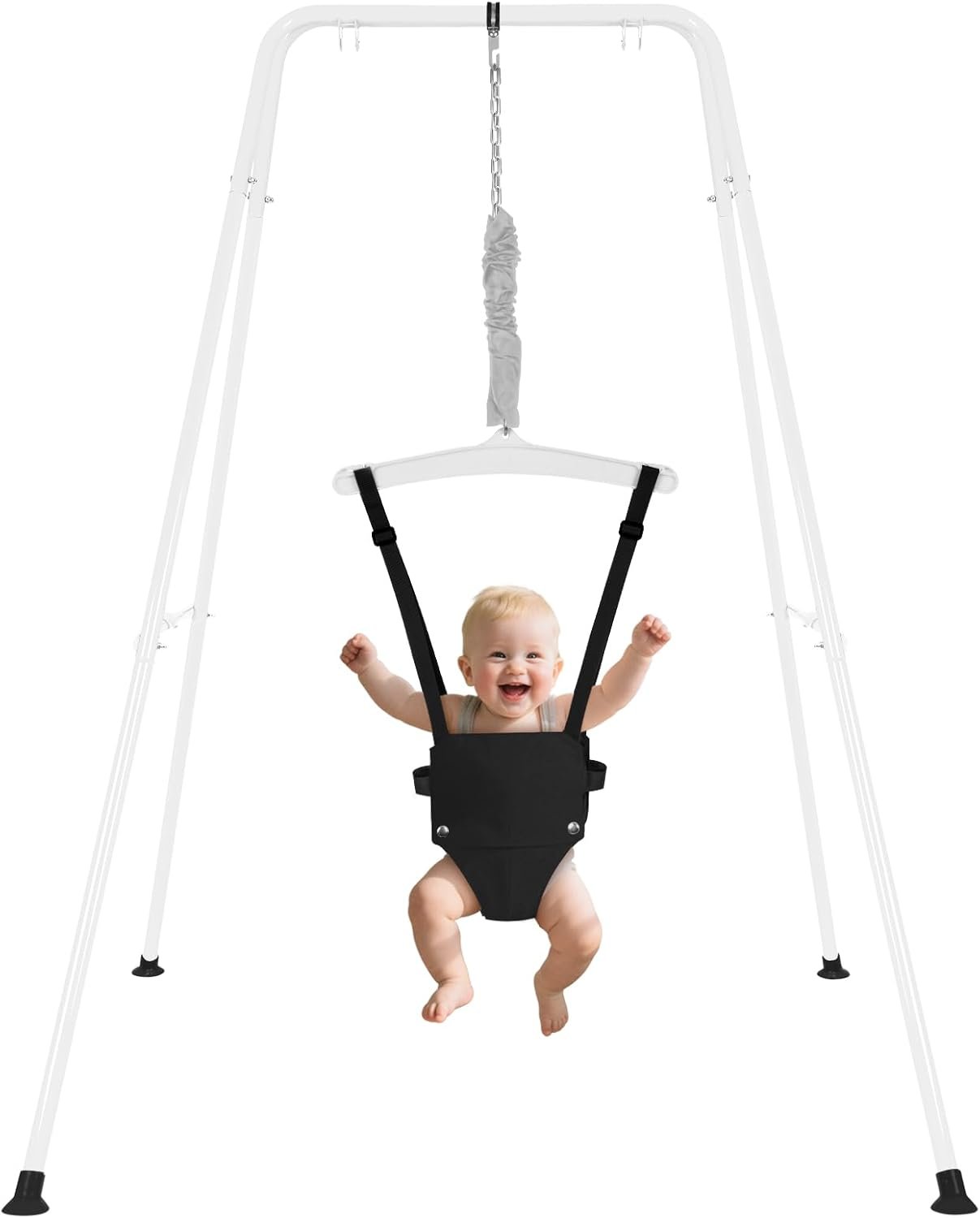 Baby Jumper with Stand, Infant Jumper with Adjustment Strap, Indoor/Outdoor Toddler Swing Set, Baby Jumpers and Bouncers for Boys Girls 6-24 Months, Easy to Assemble & Store (White)