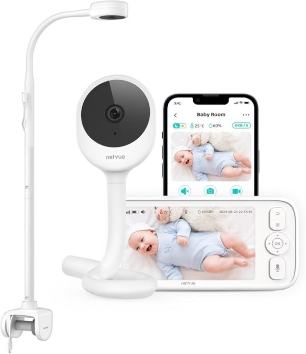 NETVUE Upgraded Baby Monitor Camera, 5000mAh Baby Camera Monitor Audio, Moniteur Bébé with Cry Detection, 5" Display, 2-Way Talk, 4 in 1 Bracket, Smart Phone App, Ideal for All Scenarios