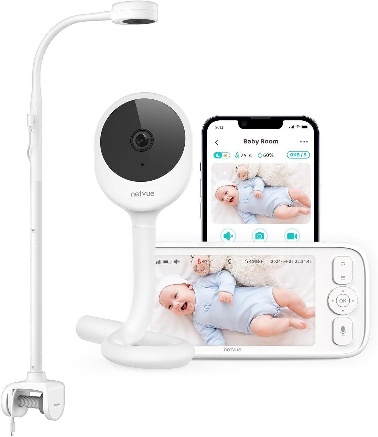NETVUE Upgraded Baby Monitor Camera, 5000mAh Baby Camera Monitor Audio, Moniteur Bébé with Cry Detection, 5" Display, 2-Way Talk, 4 in 1 Bracket, Smart Phone App, Ideal for All Scenarios