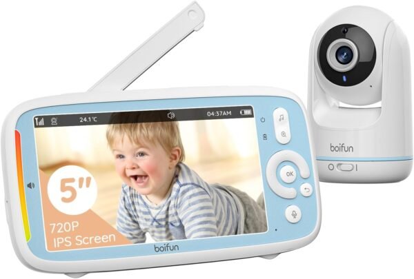 360 View Baby Monitor, No Wi-Fi, Quick Pairing, BOIFUN 5'' 3X Zoom Display, Rotatable Video Baby Monitor Cameras, IPS 720p Wireless (Moniteur Bébé), VOX