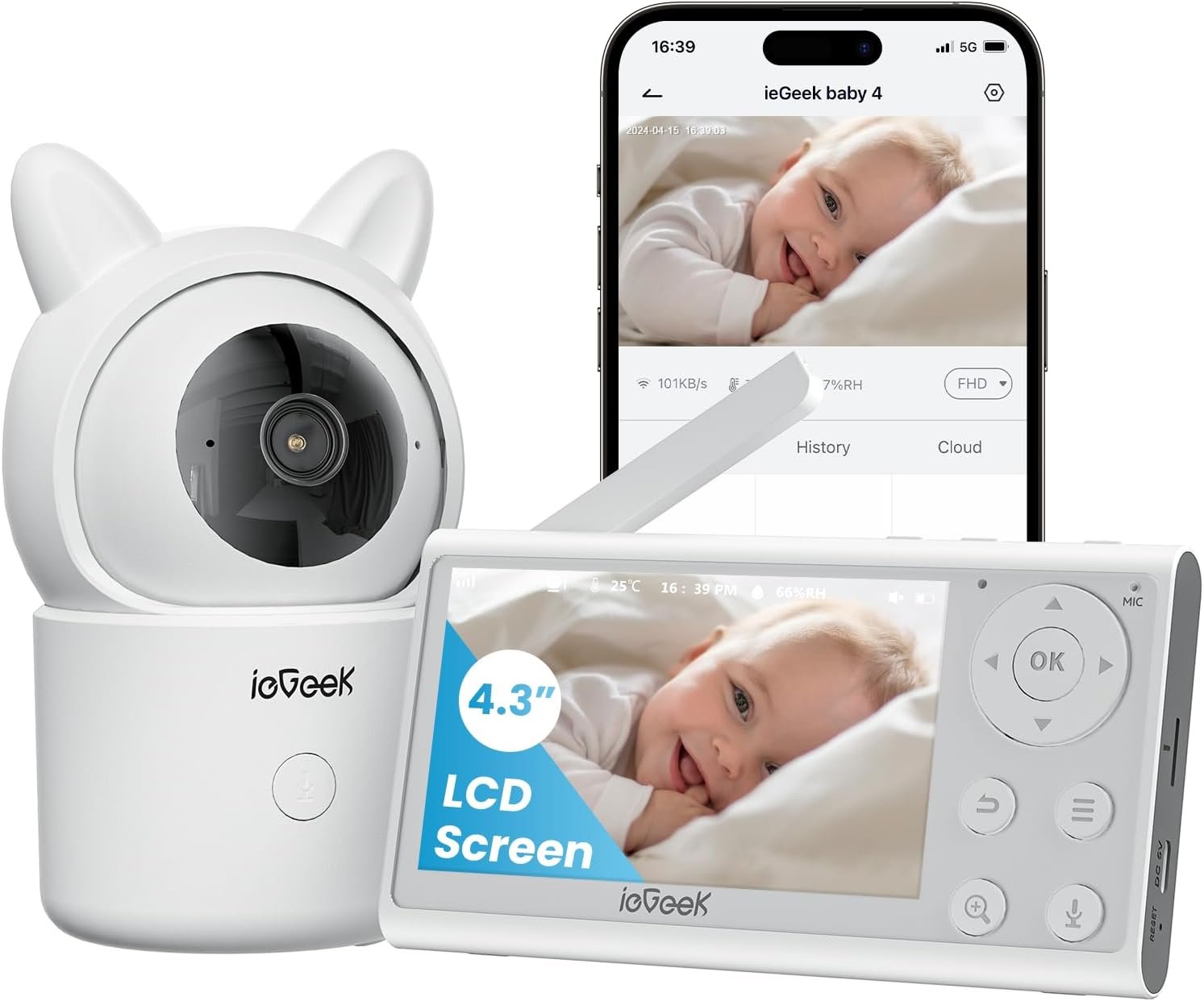 ieGeek Video Baby Monitor, 4.3" Wireless Display & 360°Auto Tracking Smart Camera, no WiFi LCD Monitor & Phone APP Control, Sound & Motion Detection, Temp & Humidity Sensor,FHD Night Vision,VOX Mode