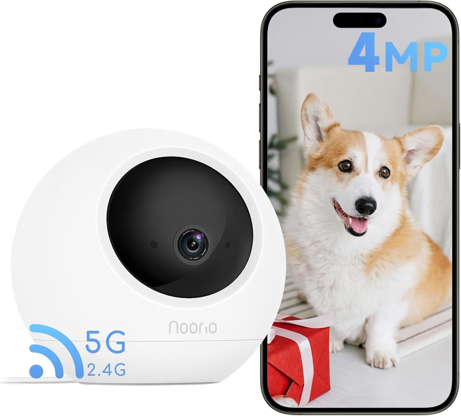 Noorio T110 Indoor Security Camera as Baby Monitor and Pet cam with Phone App 2 Way Audio, 360 Pan Tilt 2.4/5GHz WiFi Wired, Local Storage, Work with Alexa