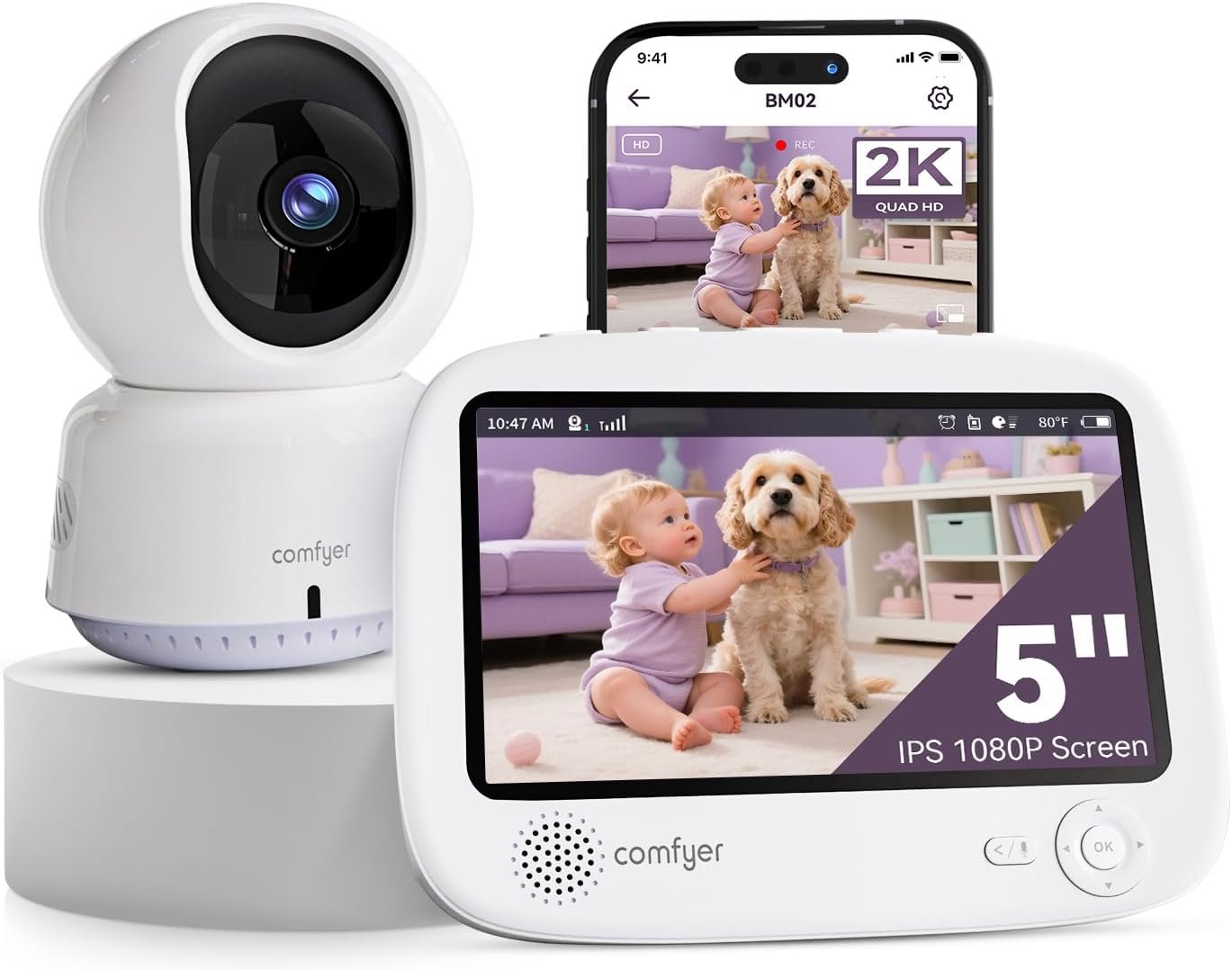 2K comfyer Smart WiFi Baby Monitor - 5" 1080P Split Screen, Phone APP & Monitor Control, Motion Alerts, Auto Tracking, Motion & Sound Detection, HD Night Vision, 5050mAh Battery, 2-Way Talk