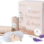 USBOO Diaper Bags Disposable for Baby, Biodegradeable Dirty Diaper Bags (8 Refill Rolls/120 Bags) with Dispenser, Leak Proof Diaper Trash Bags, Baby Poop Bags, Lavender Scent