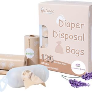 USBOO Diaper Bags Disposable for Baby, Biodegradeable Dirty Diaper Bags (8 Refill Rolls/120 Bags) with Dispenser, Leak Proof Diaper Trash Bags, Baby Poop Bags, Lavender Scent