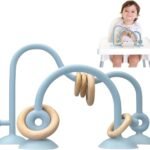 LYNSAN Suction Cup Toys Baby Silicone High Chair Toy with Wooden Rings Educational Montessori Sensory Learning Toys Gift for Kindergarten Bath Airplane Travel Car Toddlers Kids Boys Girls, Blue