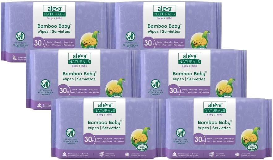 Aleva Naturals Bamboo Baby Travel Wipes Value Pack - 30 Count X 6= 180 Wipes, Unbleached
