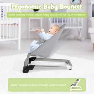 Light Gray Portable Baby Bouncer & Rocker | Vibrations, Washable Seat - Image 3