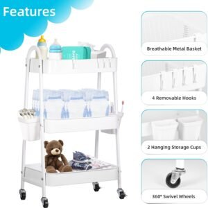 3-Tier Baby Diaper Caddy Cart | Metal Nursery Organizer for Essentials - Image 2
