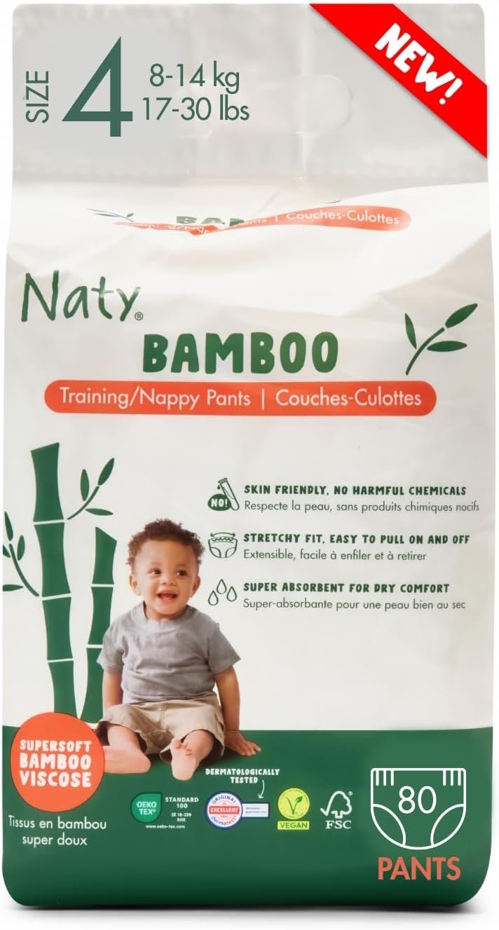 Naty Bamboo Training Pants – Potty training underwear, Pull ups, Bamboo viscose, Eco-Friendly, Silky Soft, Hypoallergenic, for Sensitive Skin & Super Absorbent (Size 4, 80 Count)