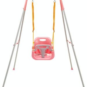 FUNLIO 3-in-1 Swing Set for Toddler with 4 Sandbags, Heavy-Duty Kid Swing Set with Safety Harness for Backyard, Indoor/Outdoor Play, Folding Metal Stand & Instruction, Easy to Assemble & Store - Pink