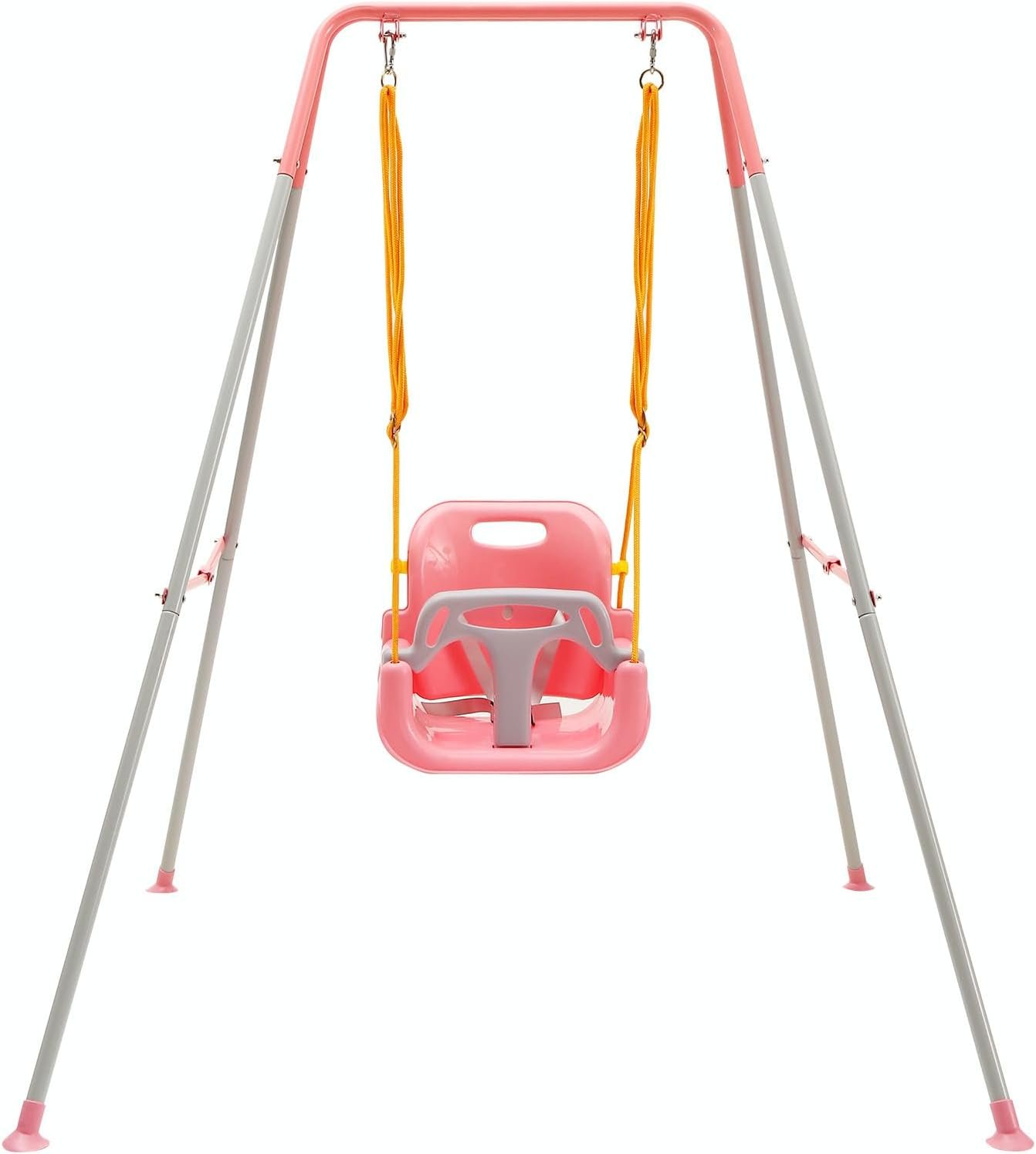 FUNLIO 3-in-1 Swing Set for Toddler with 4 Sandbags, Heavy-Duty Kid Swing Set with Safety Harness for Backyard, Indoor/Outdoor Play, Folding Metal Stand & Instruction, Easy to Assemble & Store - Pink