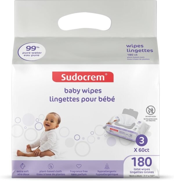 Sudocrem Pure Water Wipes 180 Count - Unscented, Hypoallergenic, Plant-Based Baby Wipes, 99% Water - Extra Strong and Ultra Soft (3 Packs of 60)