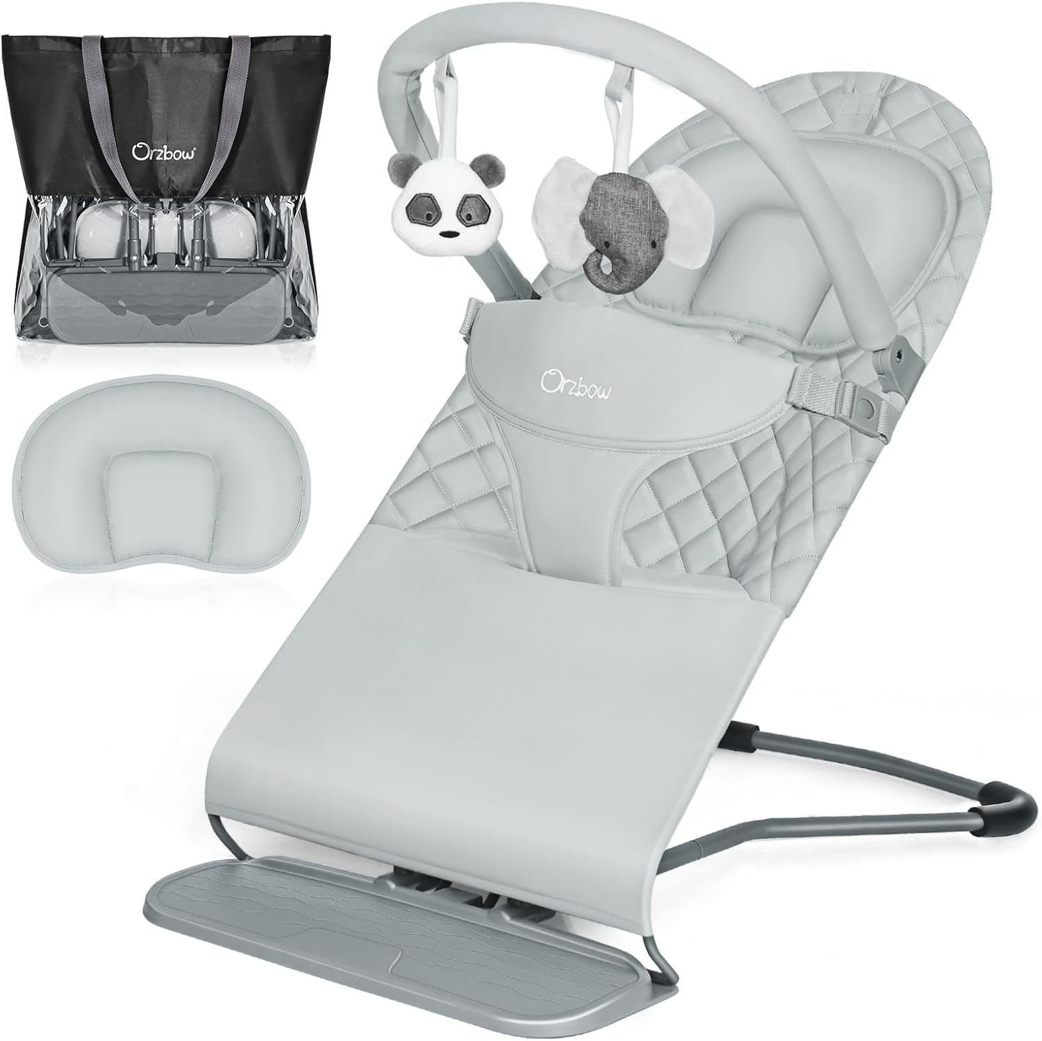 Orzbow Portable Baby Bouncer, Foldable Baby Bouncer Seat with Storage Bag and Removable Play Bar, 3 Recline Positions, 0-12 Months Up to 20lbs, Ergonomic Design with Comfortable Headrest, Gray