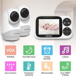 VTimes Video Baby Monitor with 2 Cameras & 1000ft Range, Night Vision - Image 2