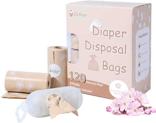 USBOO Diaper Bags Disposable for Baby, Biodegradeable Dirty Diaper Bags (8 Refill Rolls/120 Bags) with Dispenser, Leak Proof Diaper Trash Bags, Baby Poop Bags, Cherry Blossom Scent