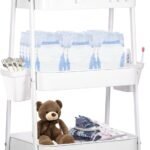 FOOK FISH Baby Diaper Caddy Cart Metal Nursery Storage Organizer 3-Tier Rolling Cart Organizer for Diapers and Baby Wipes Newborn Essentials Storage Cart (White)