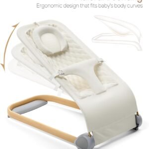 Beige Portable Baby Bouncer Seat - Ergonomic Design for Infants up to 20 lbs - Image 7