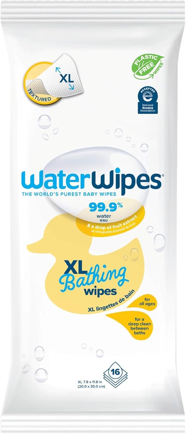 WaterWipes Plastic-Free XL Bathing, Toddler & Baby Wipes, 99.9% Water Based Wipes, Unscented & Hypoallergenic for Sensitive Skin, 16 Count (1 pack), Packaging May Vary