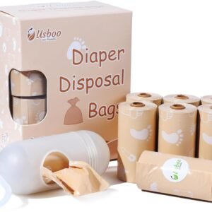 USBOO Diaper Bags Disposable, Biodegradeable Dirty Diaper Bag (8 Refill Rolls/120 Pack) with Dispenser | Essential for Travel and Quick Change on The Go | Baby Poop Bags | Unscented