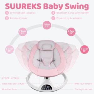 Cozy Suureks Baby Swing for Infants - 5 Motions, Remote, LED Music, Pink - Image 3