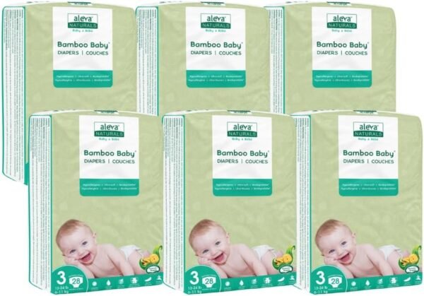 Aleva Naturals Hypoallergenic Bamboo Baby Diapers for Baby, Ultra Soft, Sensitive Skin Friendly, Biodegradable, Disposable - Size 3 (13-24 lbs / 6-11 kgs) Economy Pack- 168 Count