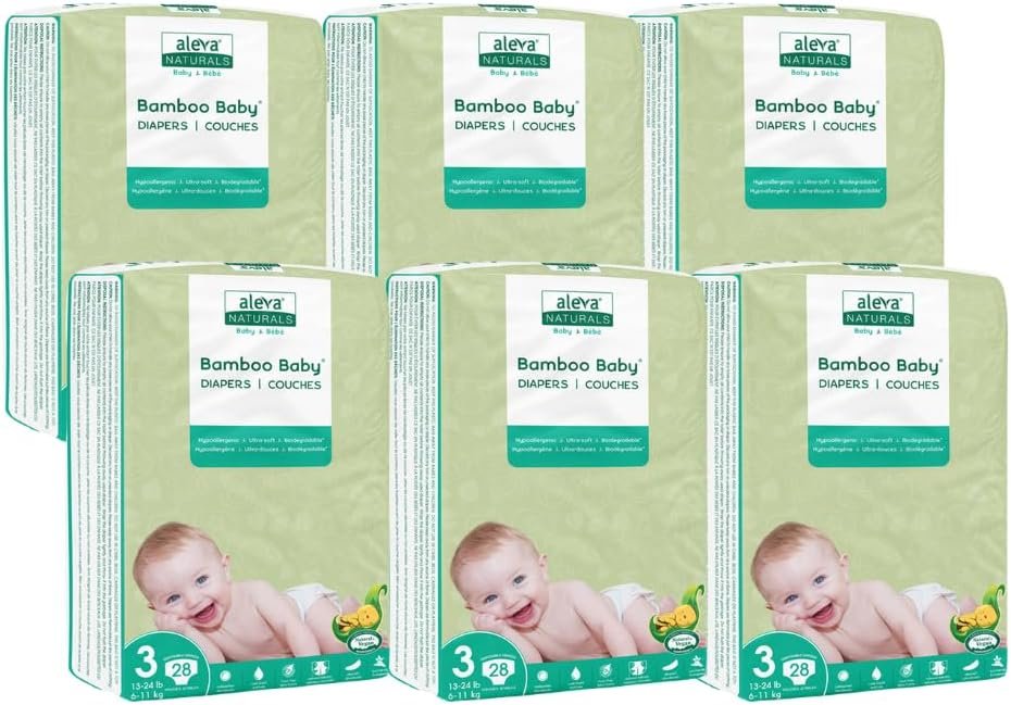 Aleva Naturals Hypoallergenic Bamboo Baby Diapers for Baby, Ultra Soft, Sensitive Skin Friendly, Biodegradable, Disposable - Size 3 (13-24 lbs / 6-11 kgs) Economy Pack- 168 Count