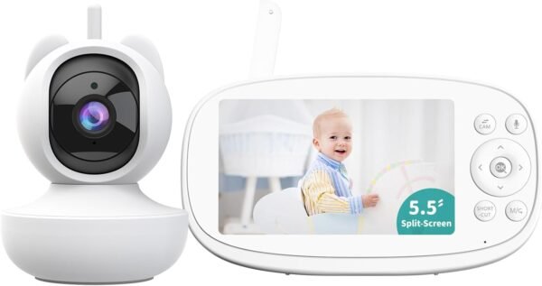 Baby Monitor, VIZOLINK 5.5" Split-Screen Video Baby Monitor with Camera and Audio, Auto Motion Tracking, Al Virtual Fence, Local Video Playback, Cry Detection, Temperature Alarm, No WiFi (White)