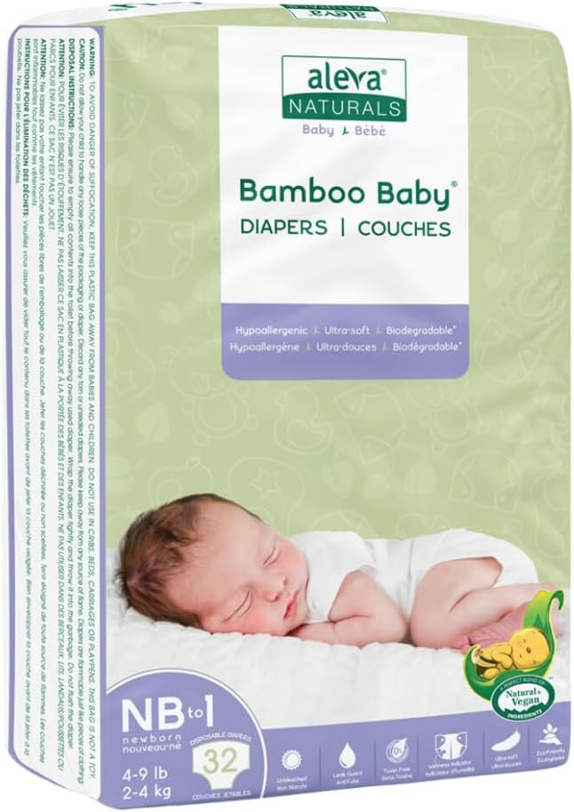 Aleva Naturals Hypoallergenic Bamboo Baby Diapers for Newborn, Ultra Soft, Sensitive Skin Friendly, Biodegradable, Disposable - Size Newborn to 1 (4-9 lbs / 2-4kg), 32 Count