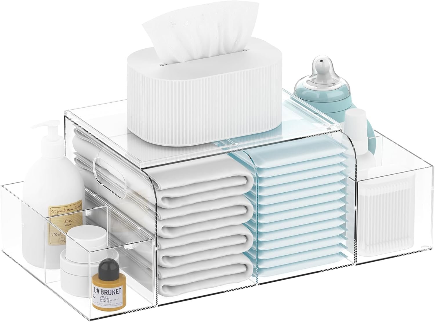 Acrylic Diaper Caddy, Clear & Detachable Diaper Stacker Holder Storage, Baby Changing Table Organizer for Baby Diapers, Wipes & Baby Accessories, Ideal for Changing Table with Spacious Capacity