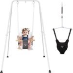 RAGOZONERY 2 in 1 Baby Jumper with Toddler Swing, Baby Jumpers and Bouncers,Indoor Outdoor Toddler Swing Set, Cotton, White