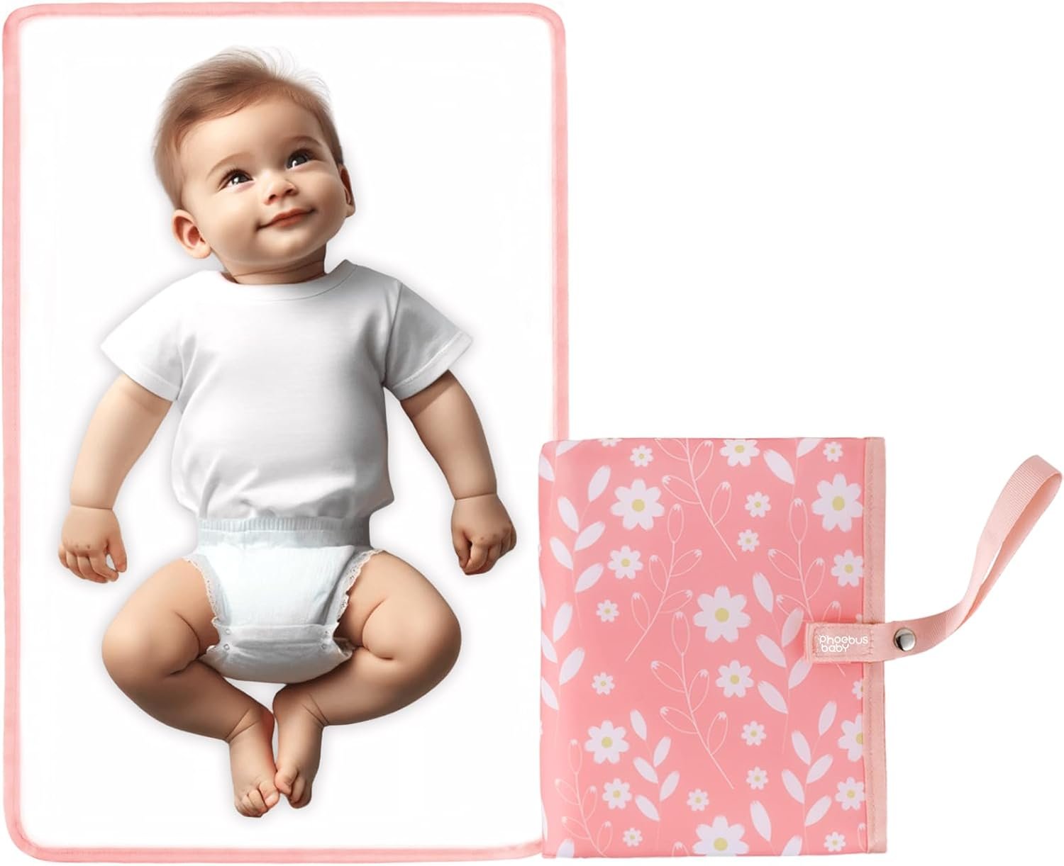 Portable Diaper Changing Pad for Baby - Waterproof Compact Changing Mat with Wrist Strap - Wipeable Travel Changing Pad for Diaper Bag(Pink Flowers)