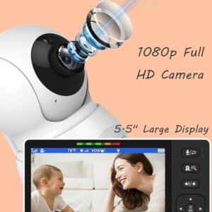 HelloBaby 720P 5.5'' HD Baby Monitor with Camera and Audio No WiFi, Video Baby Monitor, Remote Pan Tilt Zoom Wide View Range, 1080P Infant Camera, Color Night Light, Hack Proof, 4000mAh, 1000ft