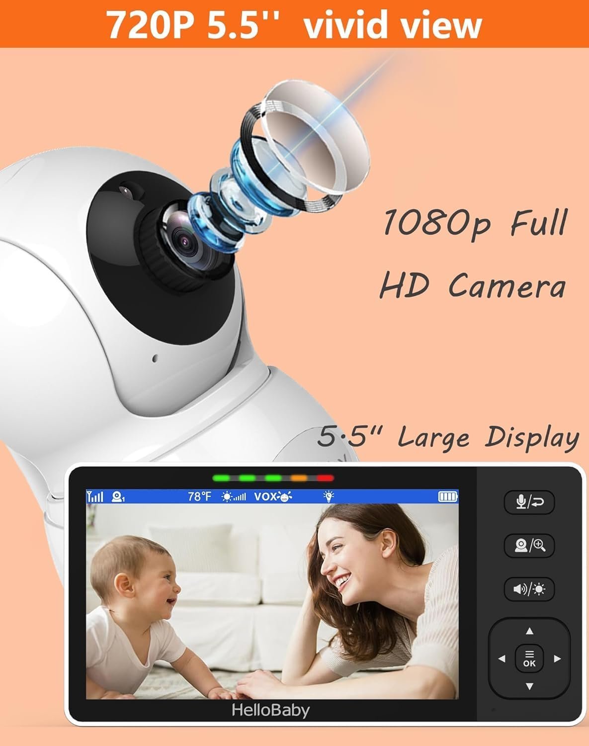 HelloBaby 720P 5.5'' HD Baby Monitor with Camera and Audio No WiFi, Video Baby Monitor, Remote Pan Tilt Zoom Wide View Range, 1080P Infant Camera, Color Night Light, Hack Proof, 4000mAh, 1000ft