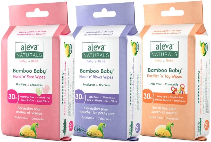 Aleva Naturals Bamboo Baby Wipes Variety Pack - 3 Piece Wipes Set- Hand 'n' Face, Nose 'n' Blows, Pacifier & Toy Wipes- Natural, Organic, Hypoallergenic, Biodegradable, Ultra-Soft, Unbleached