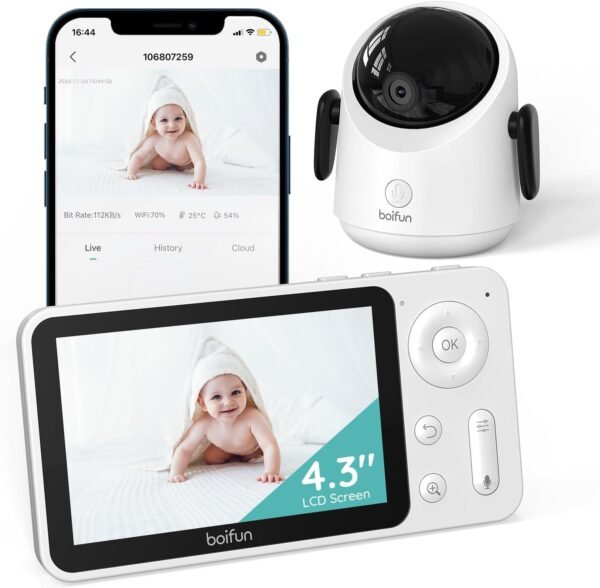 BOIFUN Smart WiFi Baby Monitor, 1080P HD 4.3" Wireless Display, App & Monitor Control, Night Vision, Auto Tracking, Motion & Sound Detection, Temperature & Humidity Sensor