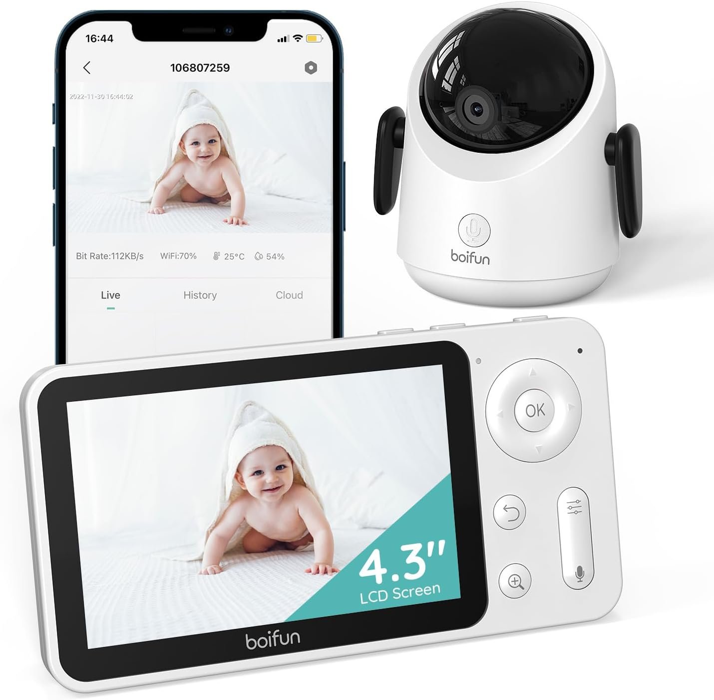 BOIFUN Smart WiFi Baby Monitor, 1080P HD 4.3" Wireless Display, App & Monitor Control, Night Vision, Auto Tracking, Motion & Sound Detection, Temperature & Humidity Sensor