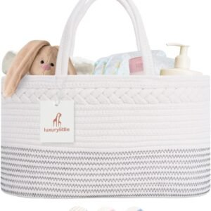 luxury little Baby Diaper Caddy Organizer, Extra Large Cotton Rope Nursery Diaper Basket, Changing Table Organizer, Portable Tote Bag with Divider, Car Storage, Baby Shower Gifts for Newborn