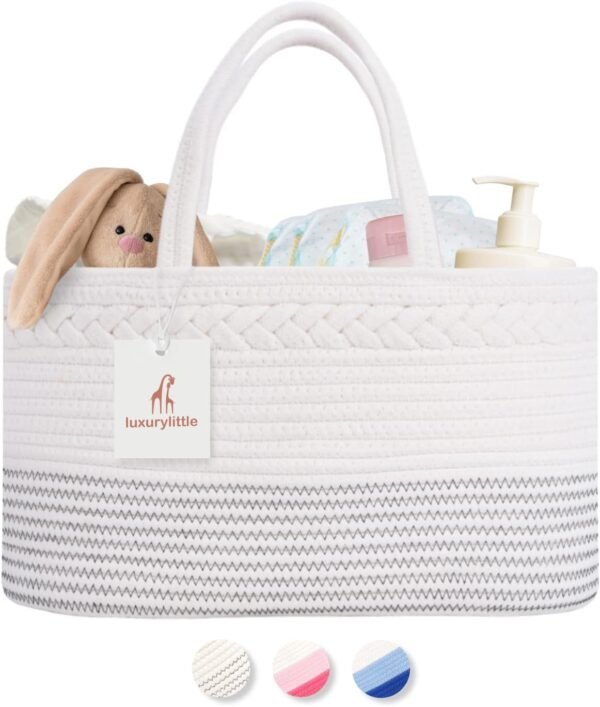 luxury little Baby Diaper Caddy Organizer, Extra Large Cotton Rope Nursery Diaper Basket, Changing Table Organizer, Portable Tote Bag with Divider, Car Storage, Baby Shower Gifts for Newborn