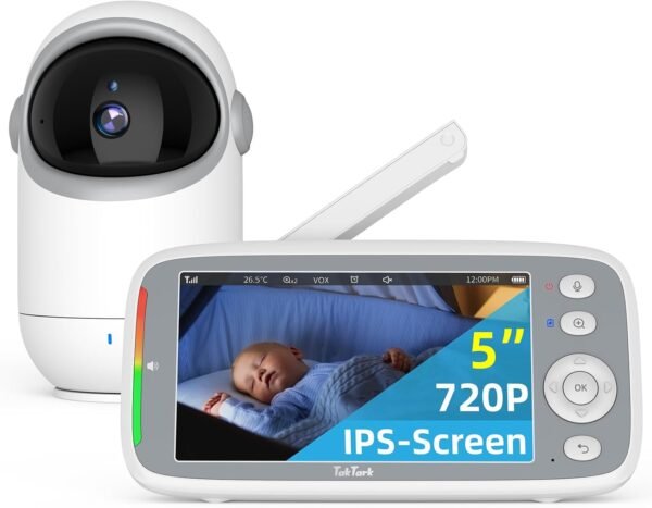 TakTark Baby Monitor, 5" 720P Baby Camera with HD IPS Screen, Remote Pan & Tilt, 2 Way Audio, Night Vision, Digital Zoom, VOX Sound Detection, Ideal for New Parent