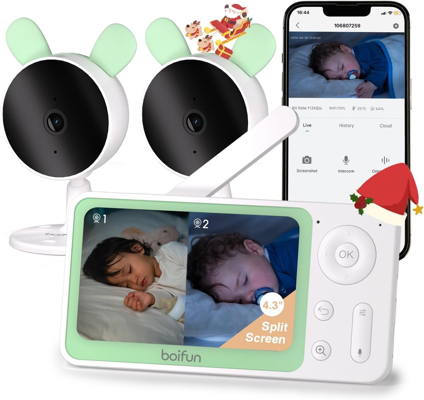 BOIFUN Split Screen Video Baby Monitor WiFi, 2 Cameras, Phone APP Control & LCD Monitor, 4.3'' 4X Zoom, AI Motion & Sound Detection, 1080P Wireless (Moniteur Bébé), Area Alarm, Video Recording