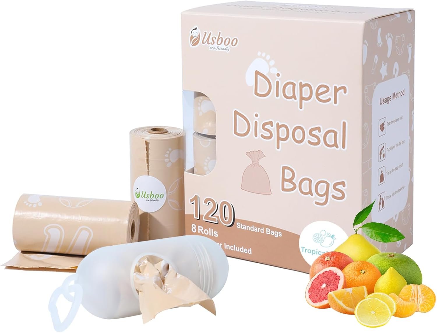 USBOO Diaper Bags Disposable for Baby, Biodegradeable Dirty Diaper Bags (8 Refill Rolls/120 Bags) with Dispenser, Leak Proof Diaper Trash Bags, Baby Poop Bags, Tropical Fruit Scent