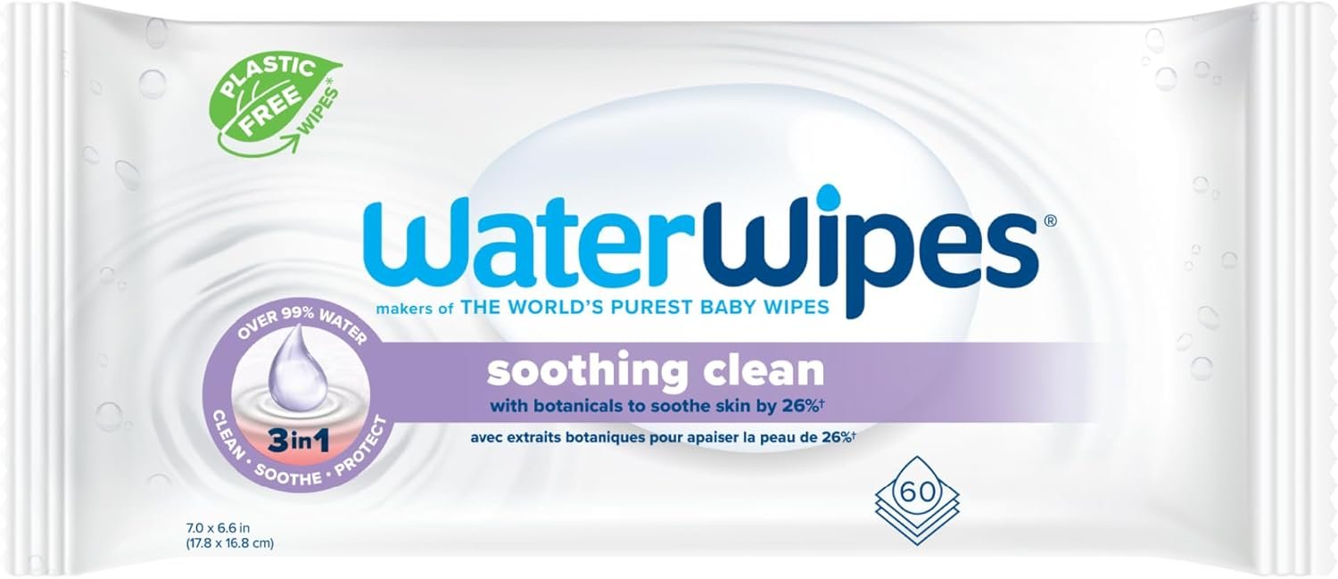 WaterWipes Plastic-Free Soothing Clean 99% Water Based Botanical Baby Wipes, Unscented & Hypoallergenic for Sensitive Skin, 1 Resealable Packs (60 Wipes)