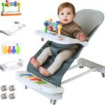 CuddoBaby Baby Bouncer 4-in-1 on Wheels 【Detachable Pianos, Feeding Tray】 3-Level Recline Foldable Seat with Play Bar for Infant to Toddler 0-6, 0-12, 12-24 Months, Baby Gift Idea, Upto 29Lbs - Blue